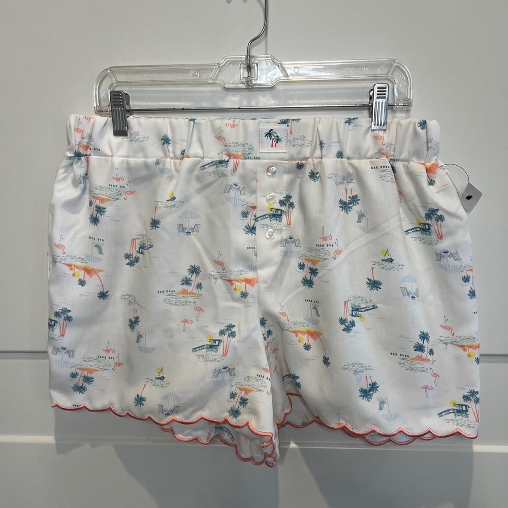 Rae Dunn Lounge Shorts‎ Palm Tree Flamingo Scalloped Trim Womens L NWT PJ Pajama